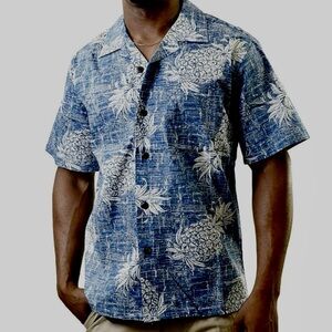 Palmwave Men’s Blue & Off White Pineapple Print Aloha Shirt | Size M
